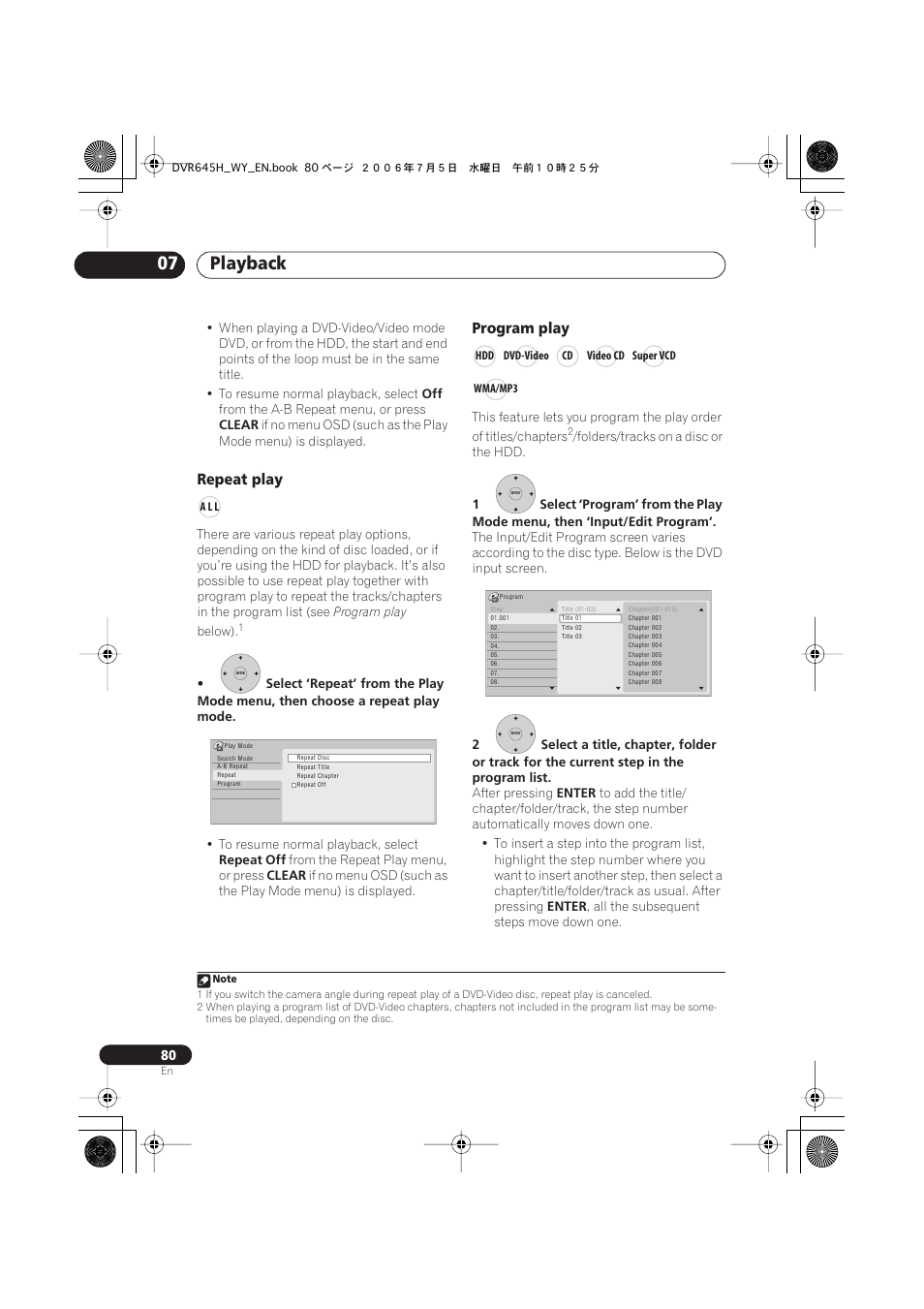 Playback 07, Repeat play, Program play | Pioneer DVR-545H-S User Manual | Page 80 / 163