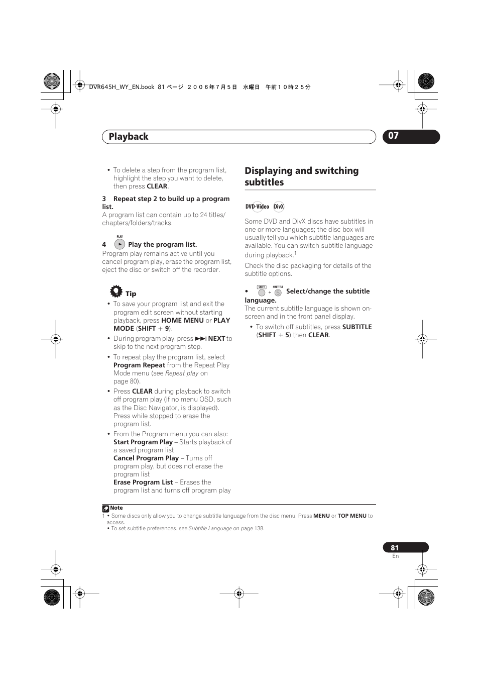 Playback 07, Displaying and switching, Subtitles | Pioneer DVR-545H-S User Manual | Page 81 / 163