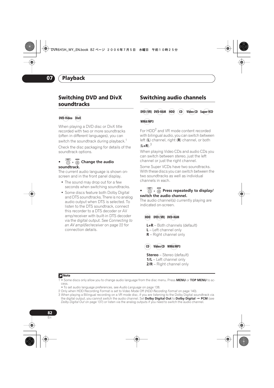 Playback 07, Switching dvd and divx, Soundtracks | Switching audio channels | Pioneer DVR-545H-S User Manual | Page 82 / 163