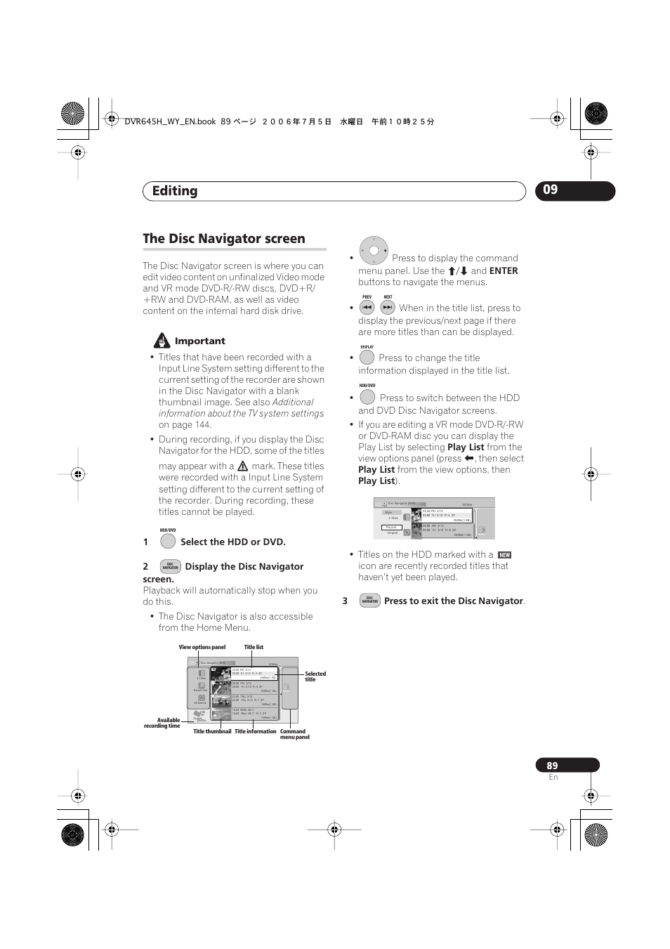 Editing 09, The disc navigator screen | Pioneer DVR-545H-S User Manual | Page 89 / 163