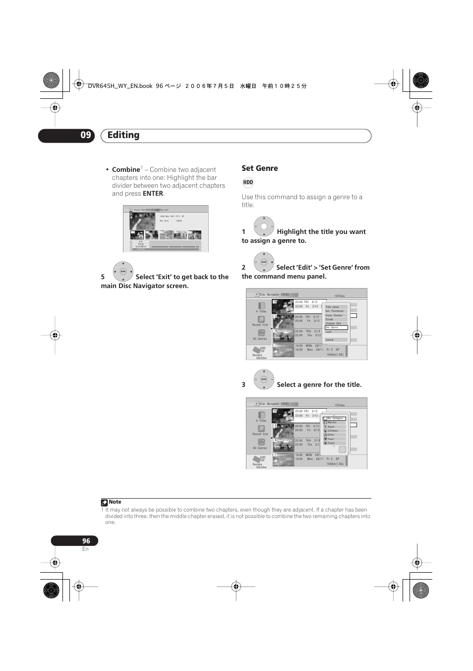 Editing 09, Set genre, Combine | Enter, Use this command to assign a genre to a title | Pioneer DVR-545H-S User Manual | Page 96 / 163