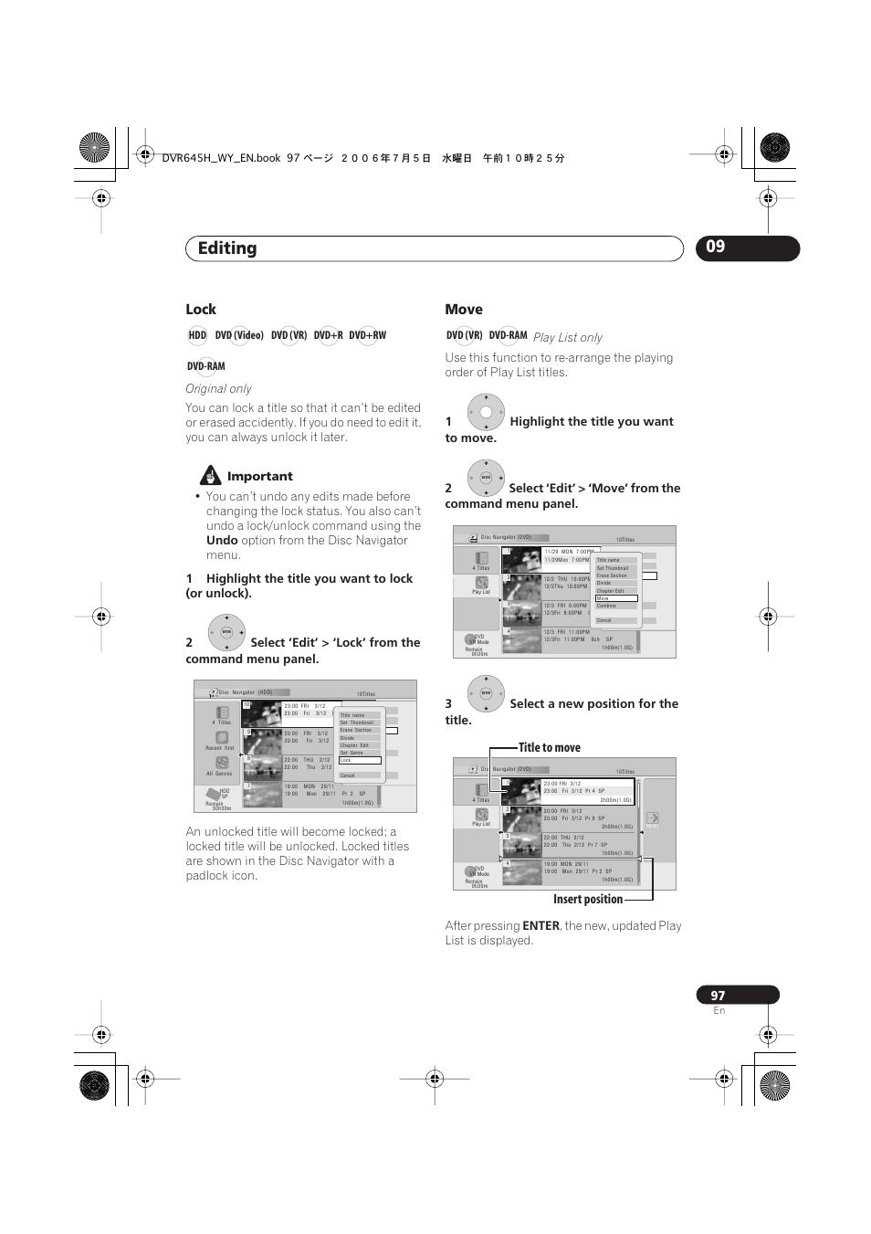 Editing 09, Lock, Move | Insert position title to move, Original only, Important, Undo, Option from the disc navigator menu, Play list only, After pressing | Pioneer DVR-545H-S User Manual | Page 97 / 163