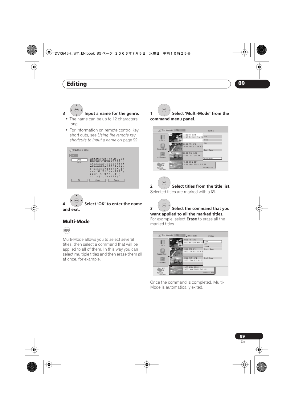 Editing 09, Multi-mode, 3input a name for the genre | Using the remote key shortcuts to input a name, On page 92, 4select ‘ok’ to enter the name and exit, Selected titles are marked with a, For example, select, Erase | Pioneer DVR-545H-S User Manual | Page 99 / 163