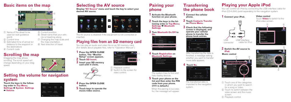 Basic items on the map, Pairing your phone, Transferring the phone book | Playing your apple ipod | Pioneer AVIC-Z110BT User Manual | Page 2 / 2