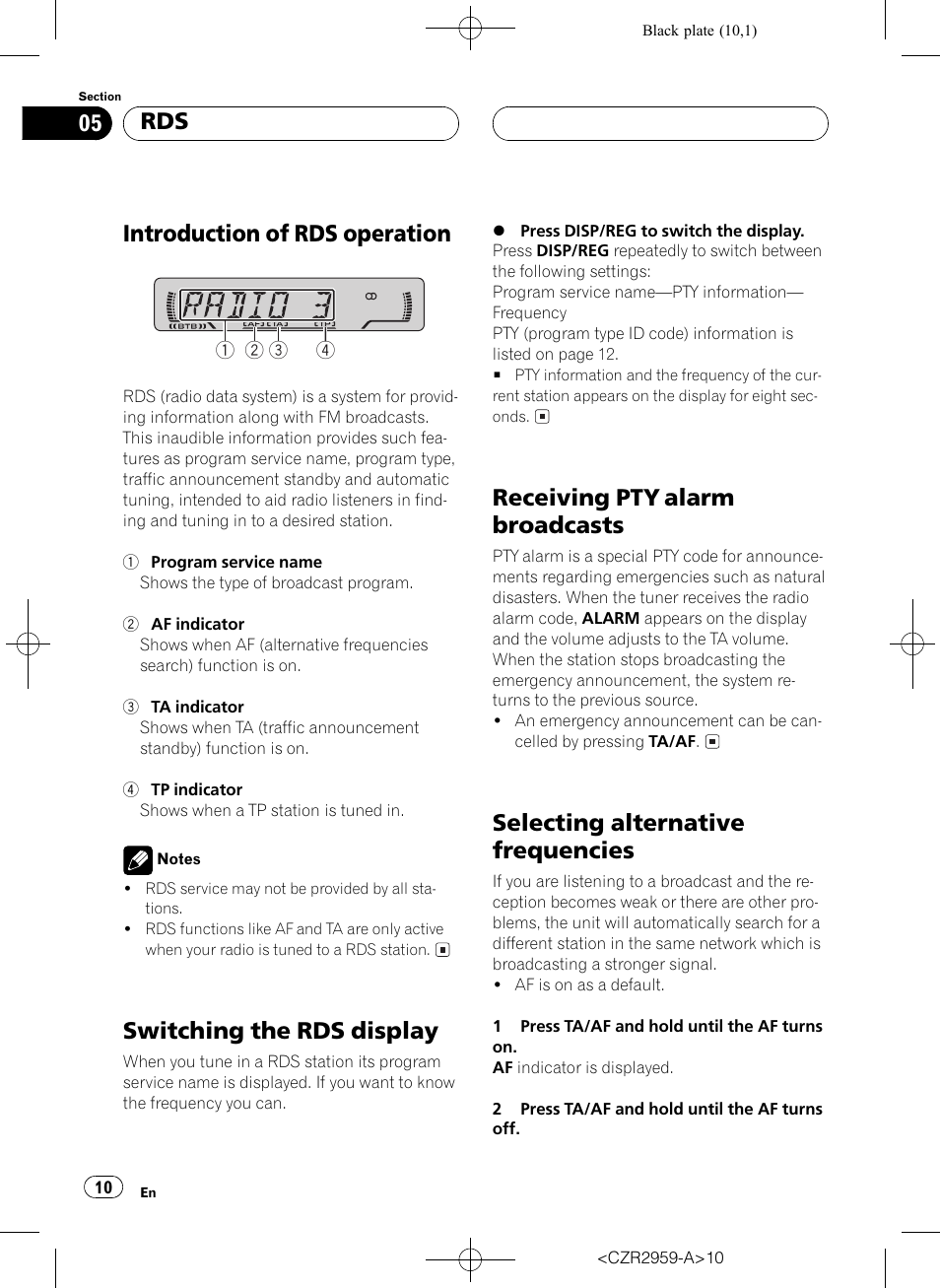 Introduction of rds operation, Switching the rds display, Receiving pty alarm broadcasts | Selecting alternative frequencies | Pioneer KEH-P2030R User Manual | Page 10 / 64