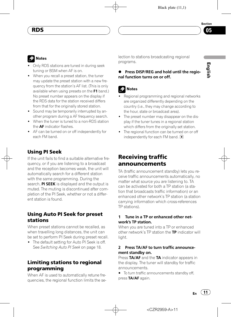 Using pi seek 11, Using auto pi seek for preset, Stations 11 | Limiting stations to regional, Programming 11, Receiving traffic announcements 11, Receiving traffic announcements, Using pi seek, Using auto pi seek for preset stations, Limiting stations to regional programming | Pioneer KEH-P2030R User Manual | Page 11 / 64