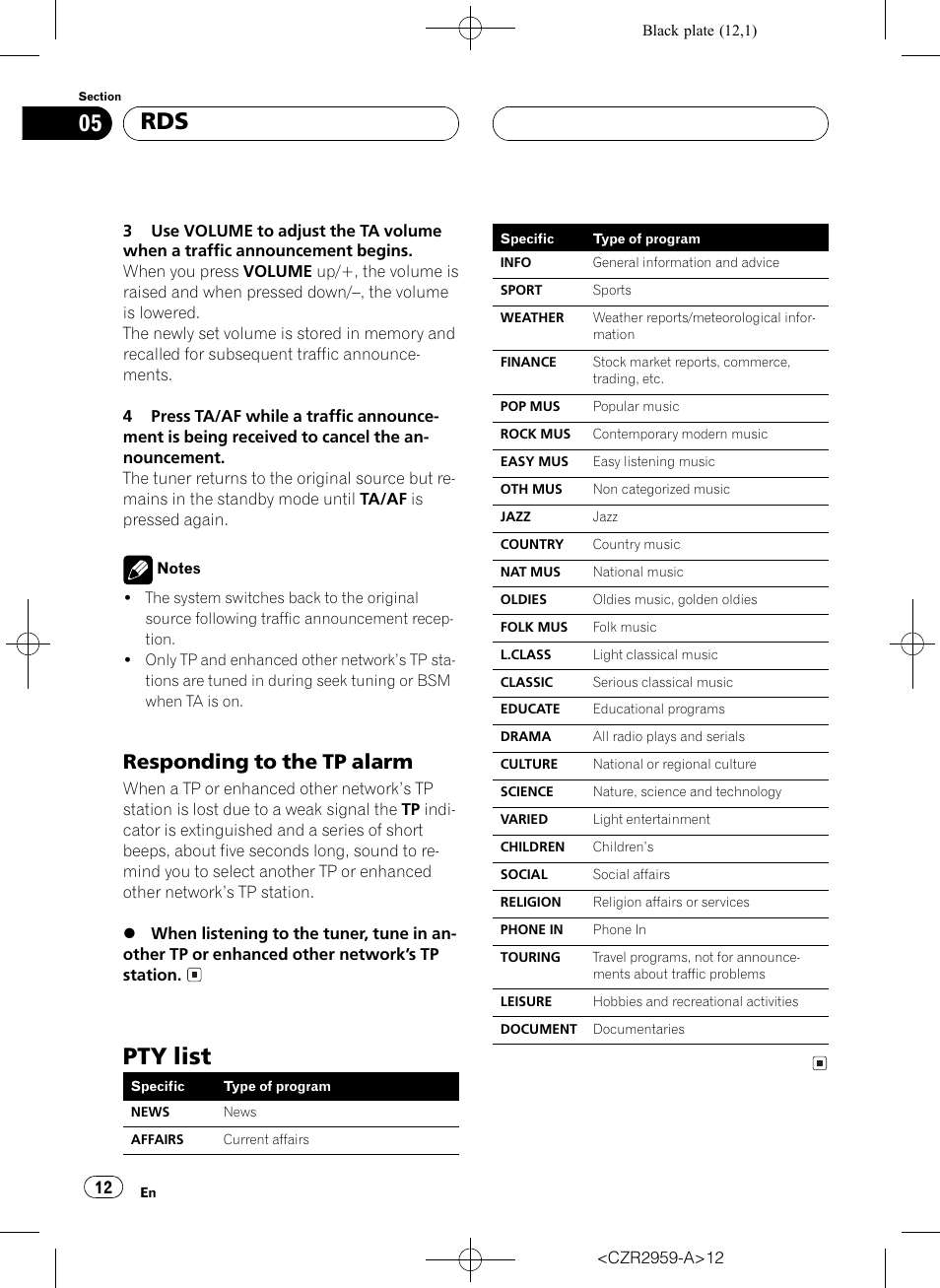Responding to the tp alarm 12, Pty list 12, Pty list | Responding to the tp alarm | Pioneer KEH-P2030R User Manual | Page 12 / 64