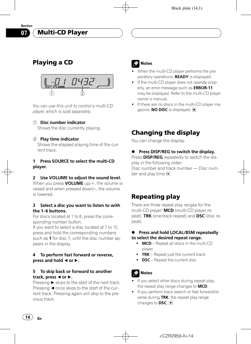 Playing a cd, Changing the display, Repeating play | Multi-cd player | Pioneer KEH-P2030R User Manual | Page 14 / 64