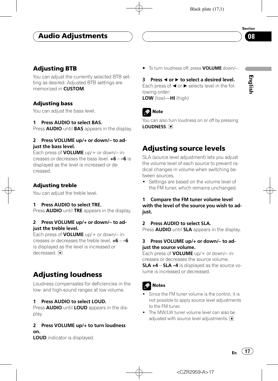 Adjusting btb 17, Adjusting loudness 17 adjusting source levels 17, Adjusting loudness | Adjusting source levels, Audio adjustments, Adjusting btb | Pioneer KEH-P2030R User Manual | Page 17 / 64