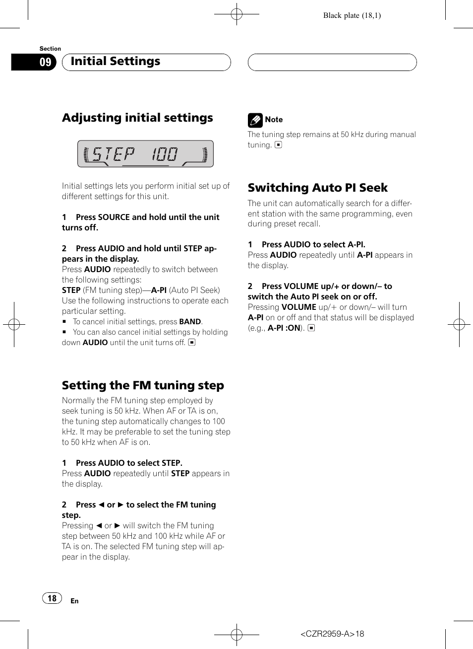 Adjusting initial settings, Setting the fm tuning step, Switching auto pi seek | Initial settings | Pioneer KEH-P2030R User Manual | Page 18 / 64
