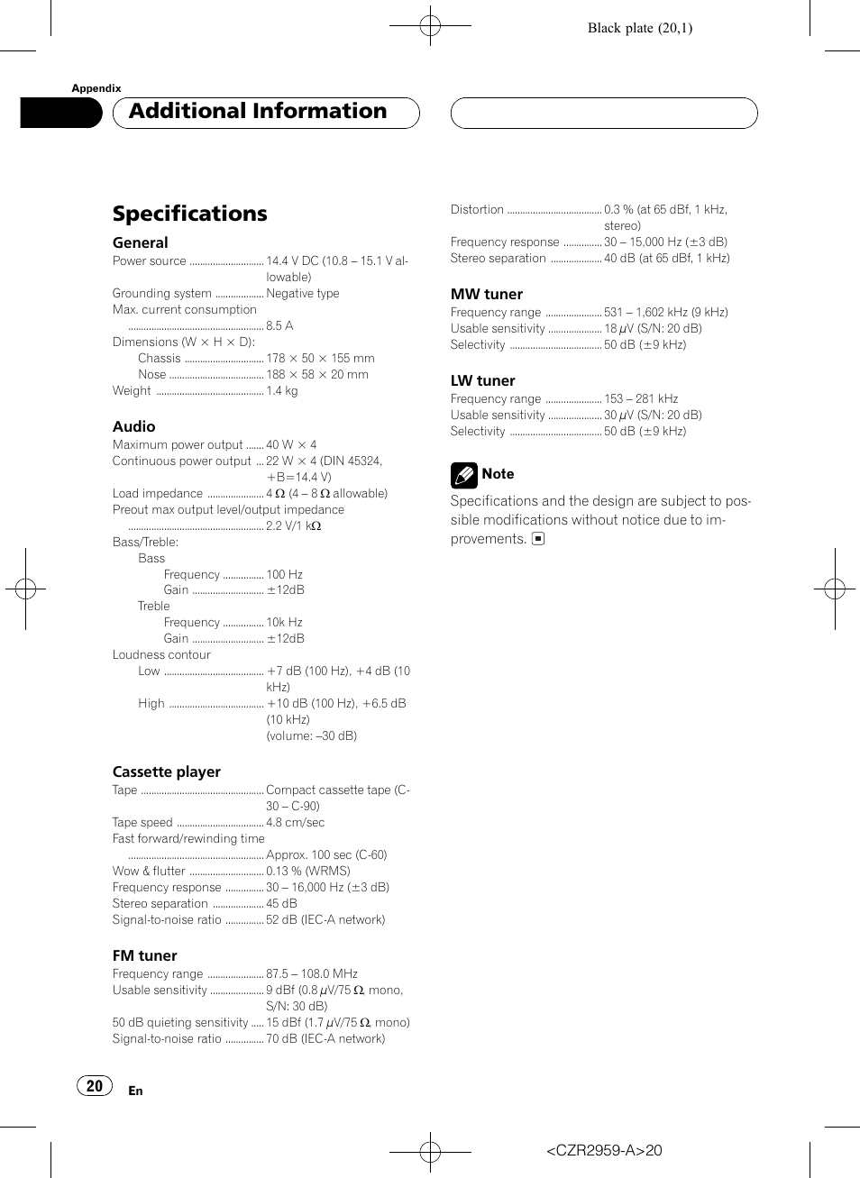Specifications 20, Specifications, Additional information | Pioneer KEH-P2030R User Manual | Page 20 / 64