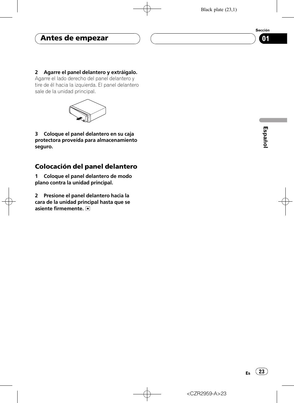 Colocación del panel delantero 23, Antes de empezar | Pioneer KEH-P2030R User Manual | Page 23 / 64
