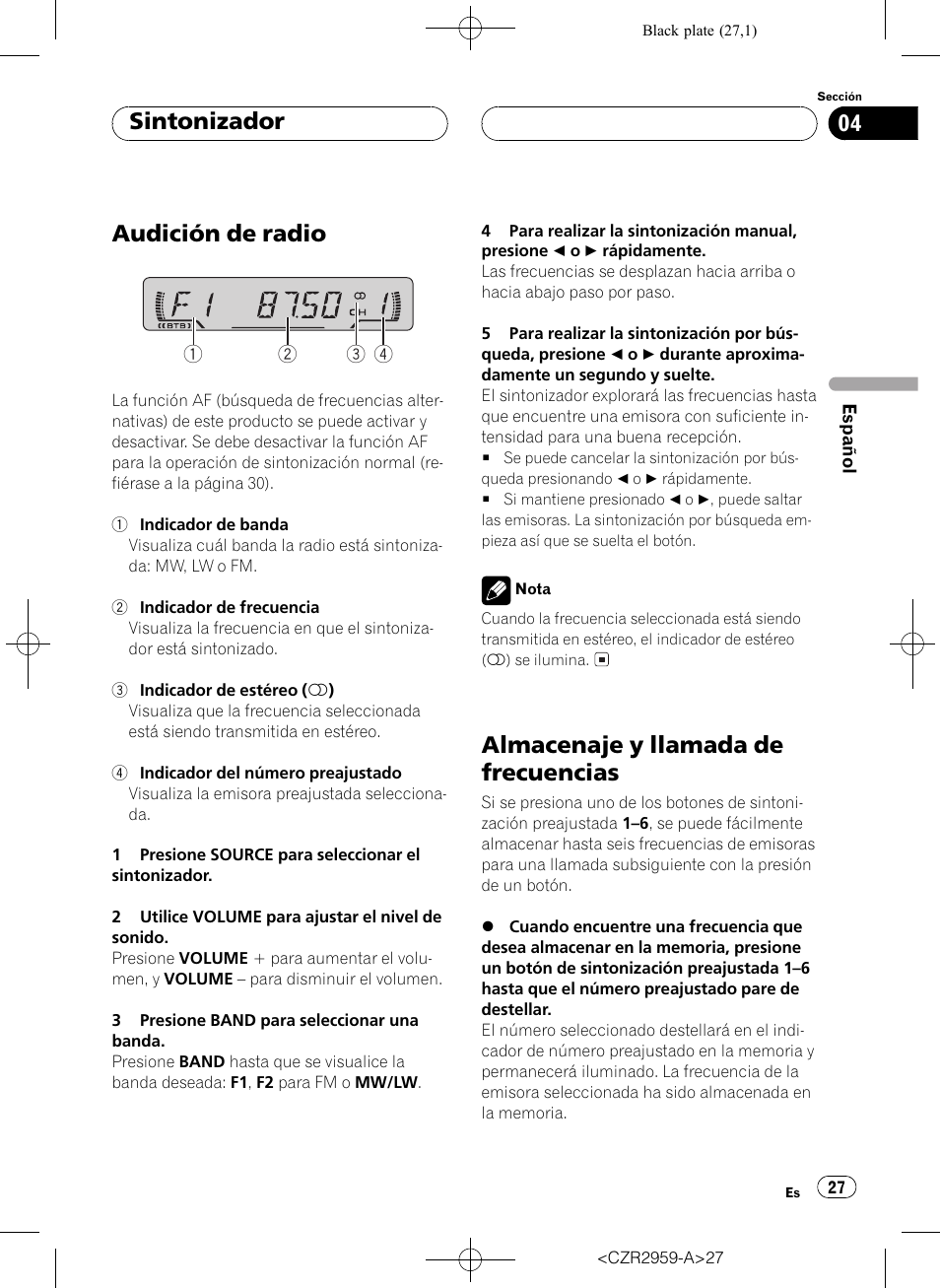 Audición de radio, Almacenaje y llamada de frecuencias, Sintonizador | Pioneer KEH-P2030R User Manual | Page 27 / 64