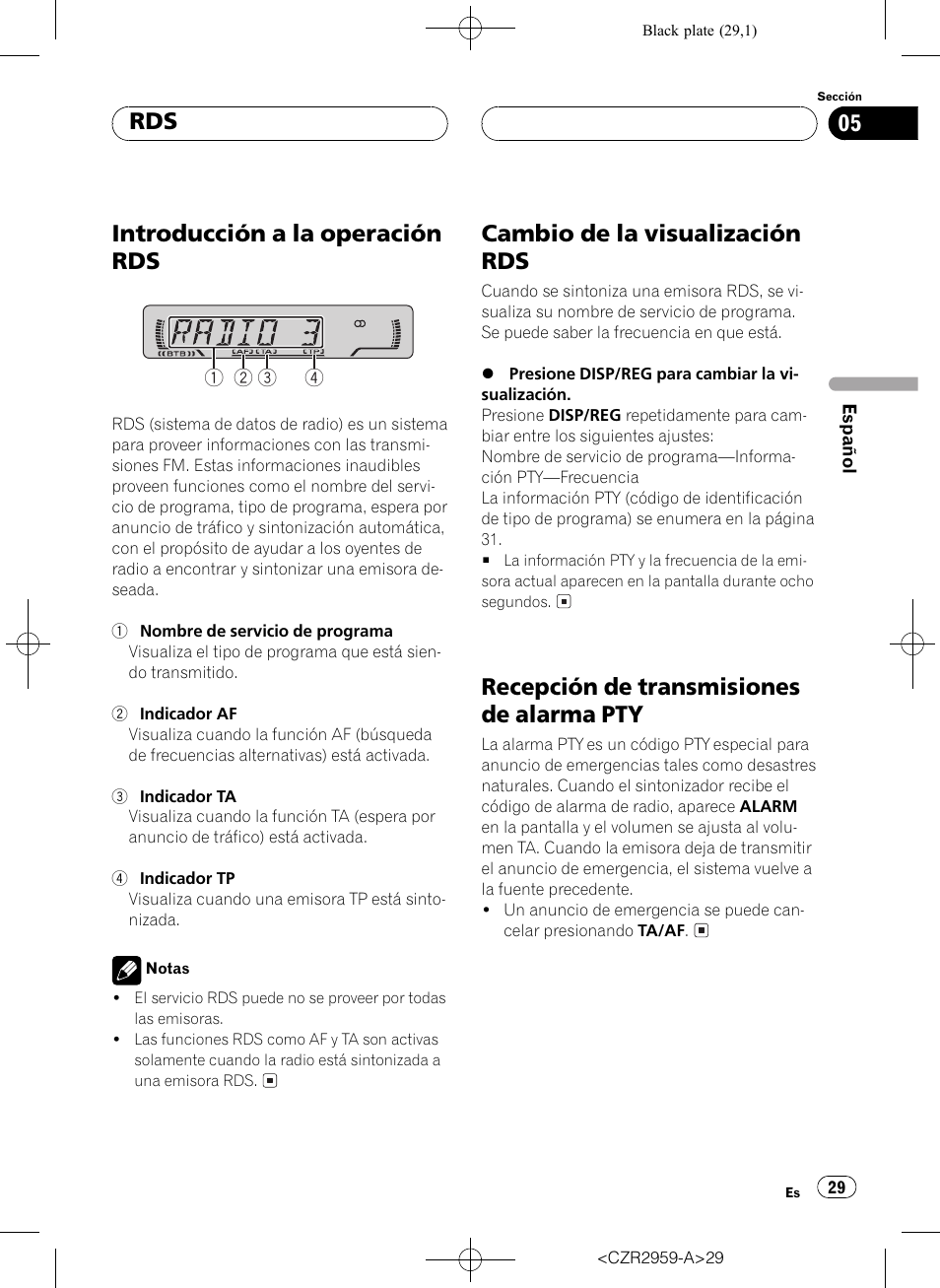 Pty 29, Introducción a la operación rds, Cambio de la visualización rds | Recepción de transmisiones de alarma pty | Pioneer KEH-P2030R User Manual | Page 29 / 64