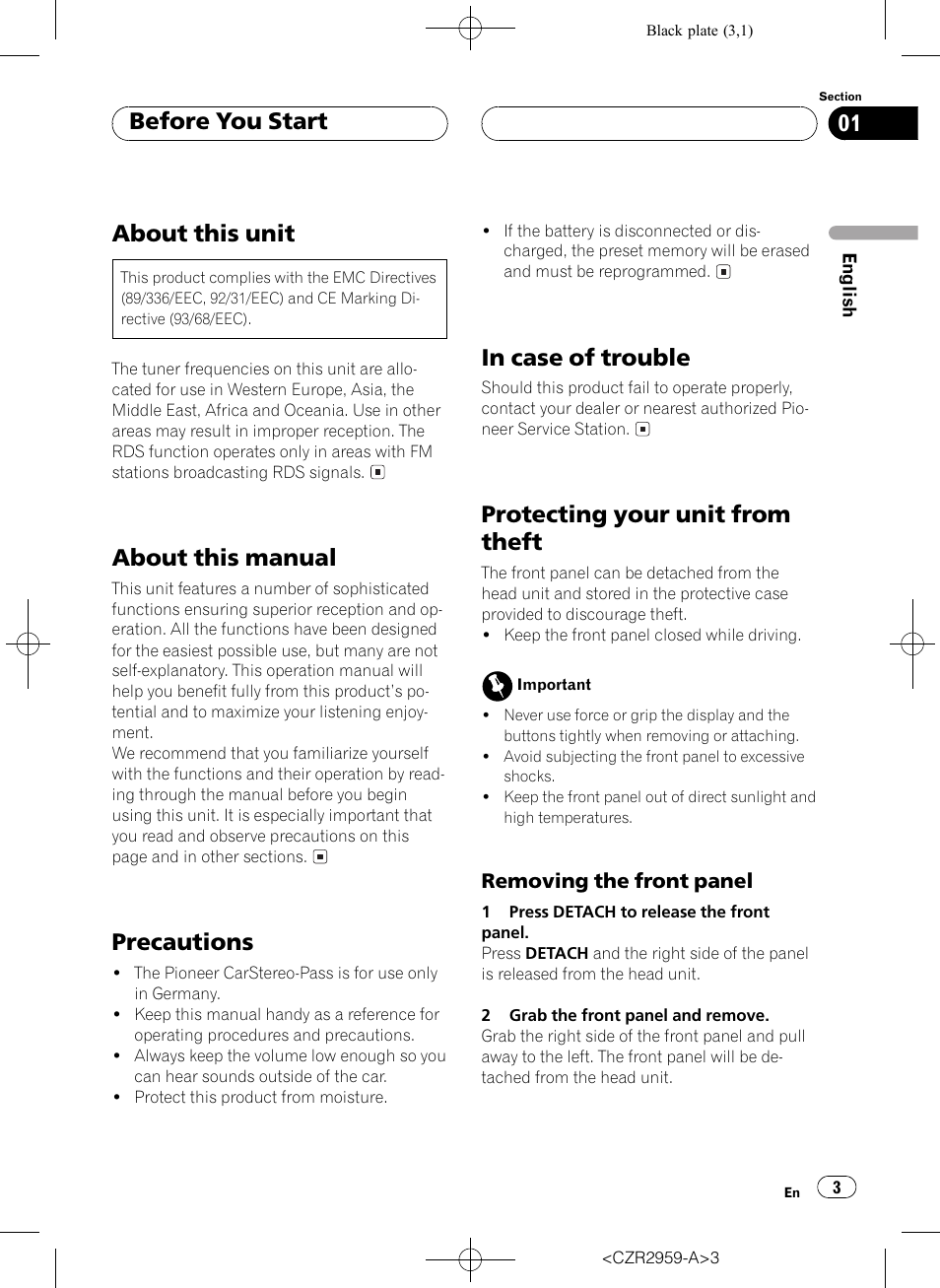 Removing the front panel 3, About this unit, About this manual | Precautions, Protecting your unit from theft, Before you start | Pioneer KEH-P2030R User Manual | Page 3 / 64