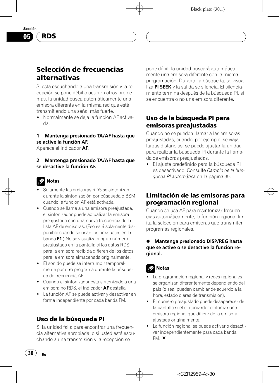 Selección de frecuencias alternativas 30, Uso de la búsqueda pi 30, Uso de la búsqueda pi para emisoras | Preajustadas 30, Limitación de las emisoras para, Programación regional 30, Selección de frecuencias alternativas, Uso de la búsqueda pi, Uso de la búsqueda pi para emisoras preajustadas | Pioneer KEH-P2030R User Manual | Page 30 / 64