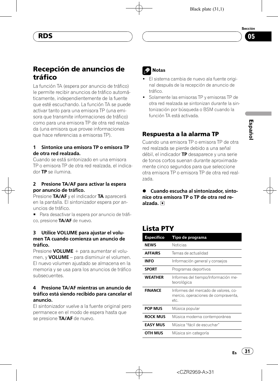 Recepción de anuncios de tráfico 31, Respuesta a la alarma tp 31, Lista pty 31 | Recepción de anuncios de tráfico, Lista pty, Respuesta a la alarma tp | Pioneer KEH-P2030R User Manual | Page 31 / 64