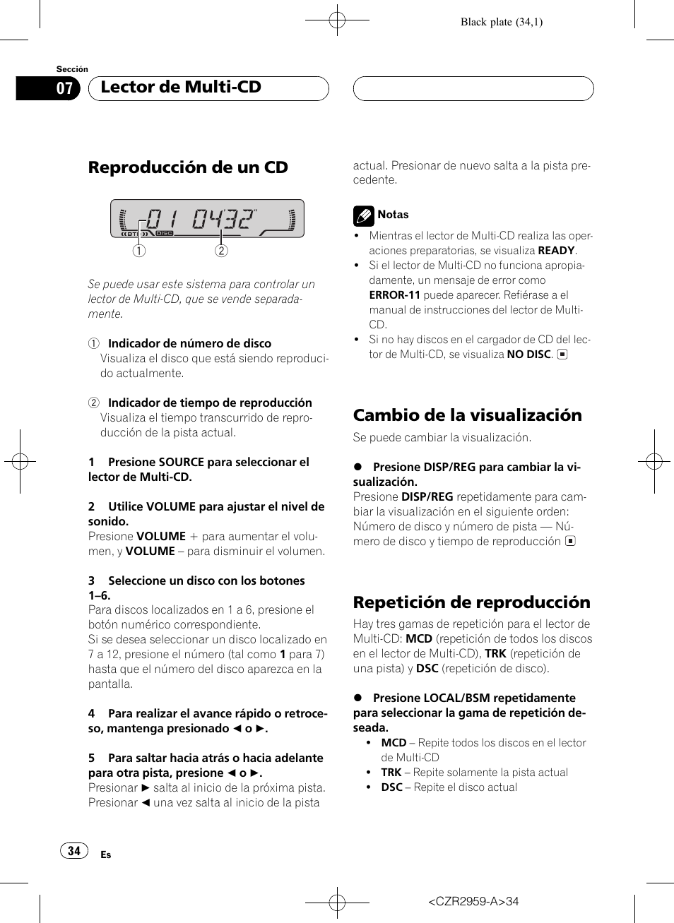 Reproducción de un cd, Cambio de la visualización, Repetición de reproducción | Lector de multi-cd | Pioneer KEH-P2030R User Manual | Page 34 / 64