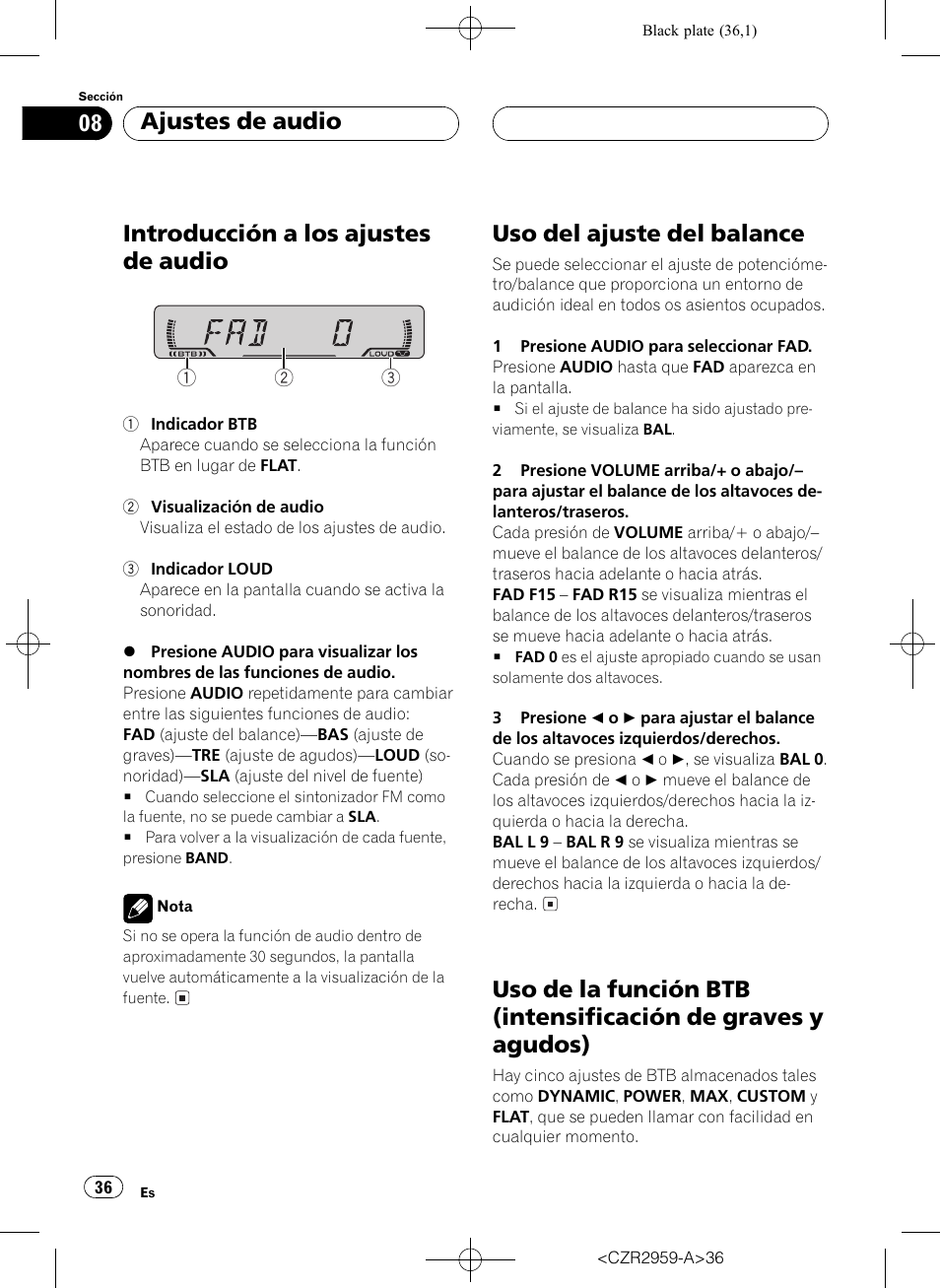 Graves y agudos) 36, Introducción a los ajustes de audio, Uso del ajuste del balance | Ajustes de audio | Pioneer KEH-P2030R User Manual | Page 36 / 64