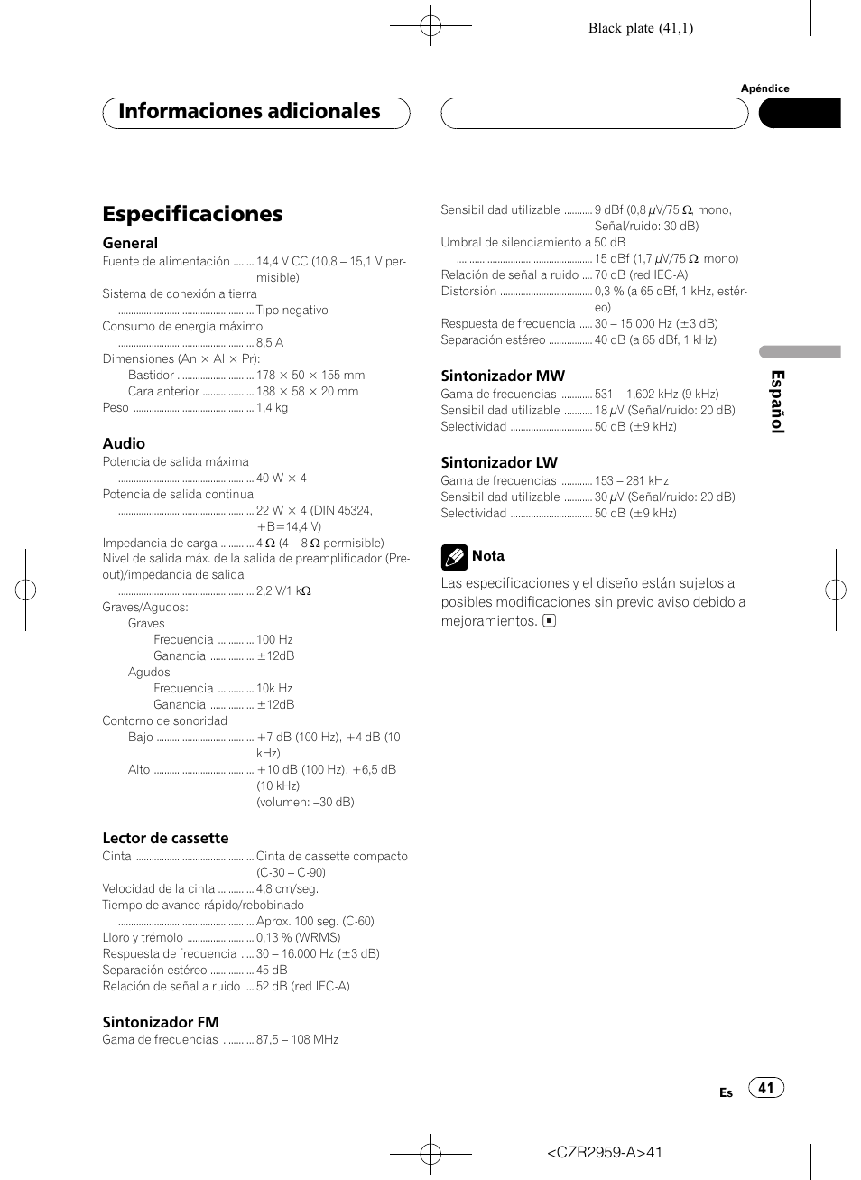 Especificaciones 41, Especificaciones, Informaciones adicionales | Español | Pioneer KEH-P2030R User Manual | Page 41 / 64