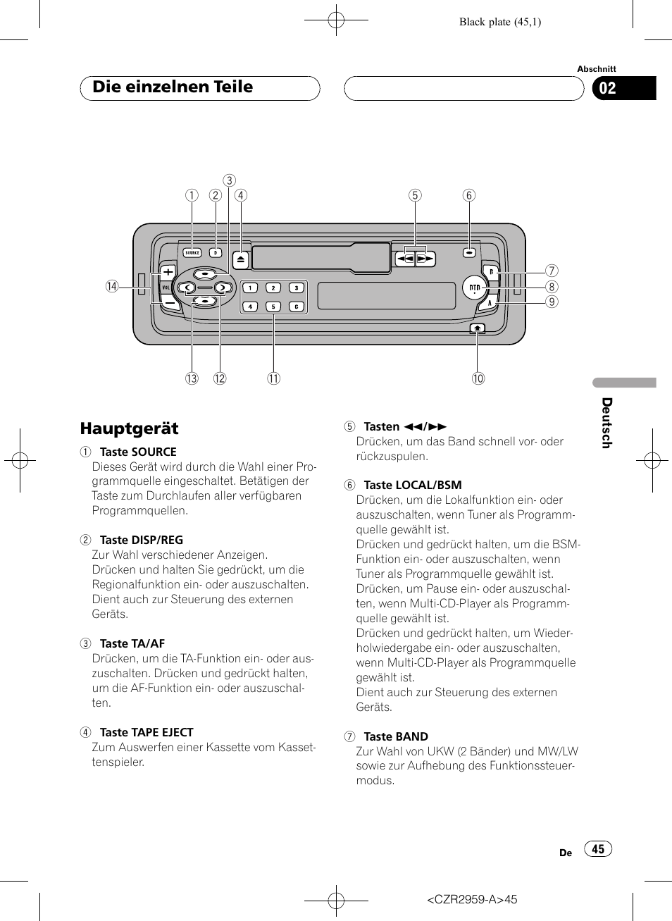 Die einzelnen teile hauptgerät 45, Hauptgerät, Die einzelnen teile | Pioneer KEH-P2030R User Manual | Page 45 / 64