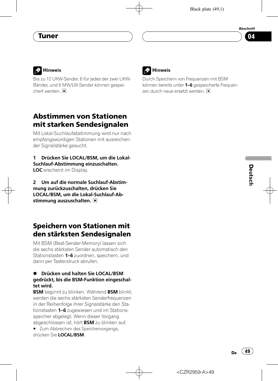 Abstimmen von stationen mit starken, Sendesignalen 49, Speichern von stationen mit den stärksten | Abstimmen von stationen mit starken sendesignalen, Tuner | Pioneer KEH-P2030R User Manual | Page 49 / 64