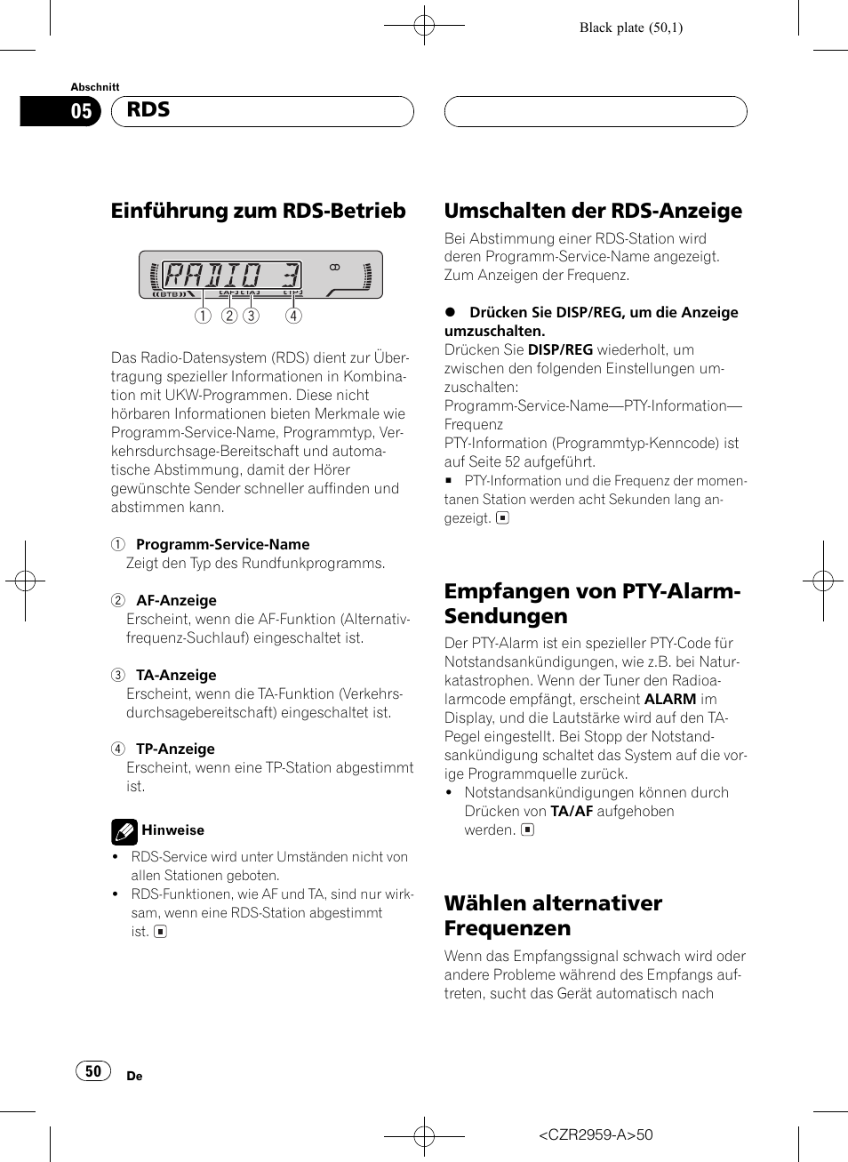 Einführung zum rds-betrieb, Umschalten der rds-anzeige, Empfangen von pty-alarm- sendungen | Wählen alternativer frequenzen | Pioneer KEH-P2030R User Manual | Page 50 / 64