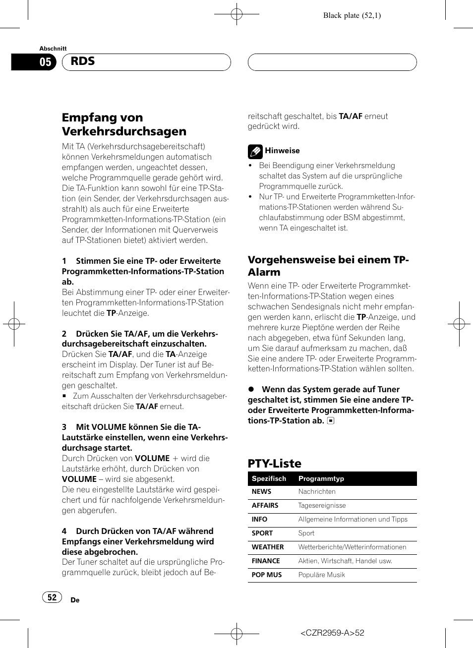 Empfang von verkehrsdurchsagen 52, Vorgehensweise bei einem tp, Alarm 52 | Pty-liste 52, Empfang von verkehrsdurchsagen, Pty-liste, Vorgehensweise bei einem tp- alarm | Pioneer KEH-P2030R User Manual | Page 52 / 64