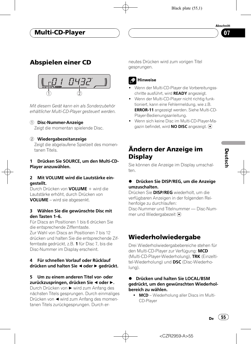 Abspielen einer cd, Ändern der anzeige im display, Wiederholwiedergabe | Multi-cd-player | Pioneer KEH-P2030R User Manual | Page 55 / 64