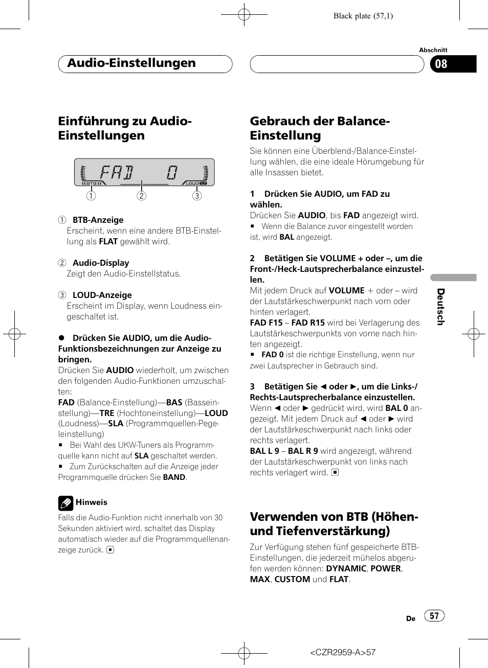 Tiefenverstärkung) 57, Einführung zu audio- einstellungen, Gebrauch der balance- einstellung | Verwenden von btb (höhen- und tiefenverstärkung), Audio-einstellungen | Pioneer KEH-P2030R User Manual | Page 57 / 64