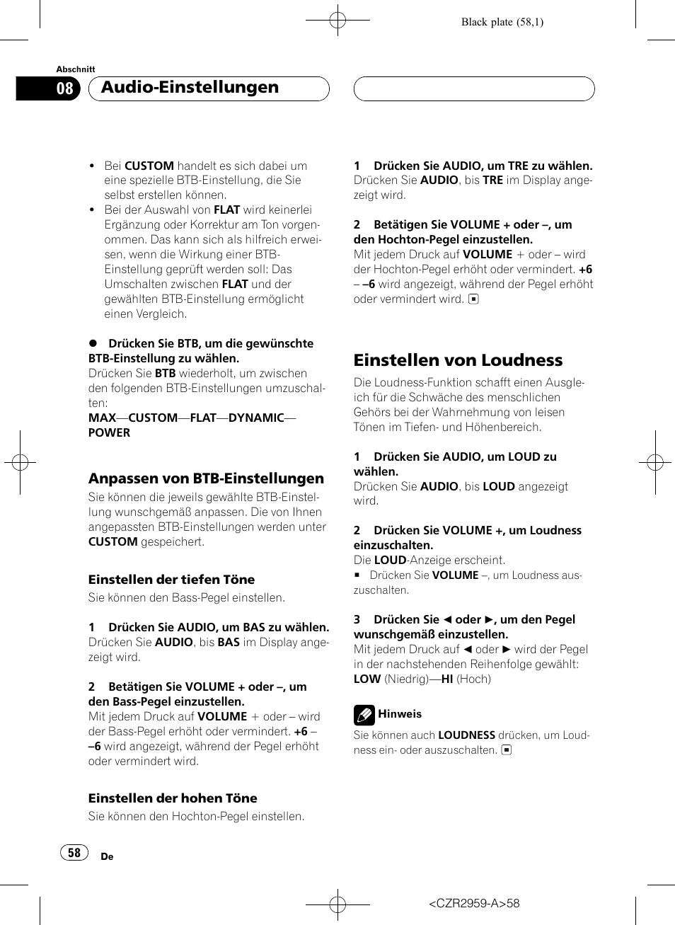 Anpassen von btb-einstellungen 58, Einstellen von loudness 58, Einstellen von loudness | Audio-einstellungen, Anpassen von btb-einstellungen | Pioneer KEH-P2030R User Manual | Page 58 / 64