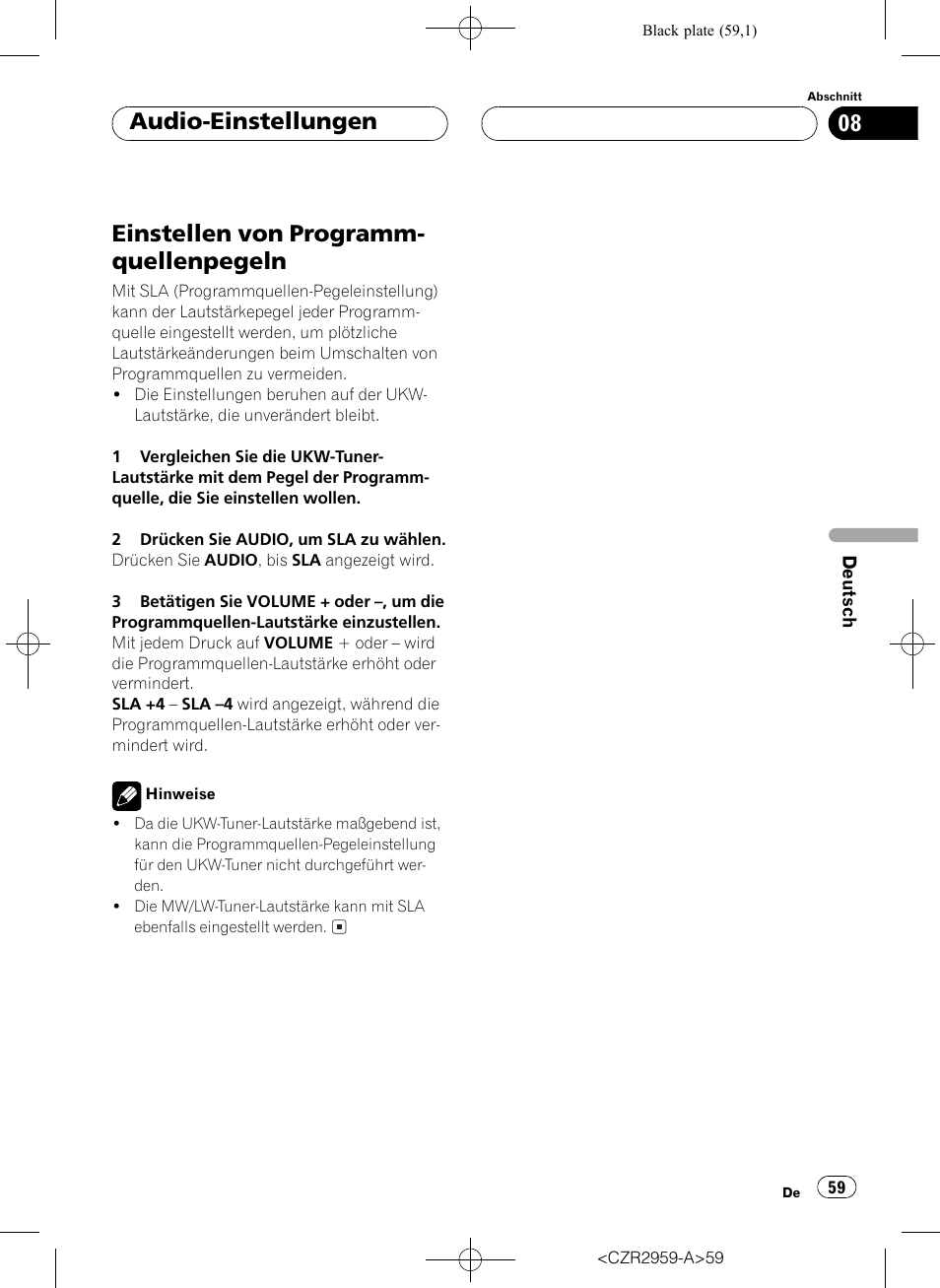 Einstellen von programmquellenpegeln 59, Einstellen von programm- quellenpegeln, Audio-einstellungen | Pioneer KEH-P2030R User Manual | Page 59 / 64