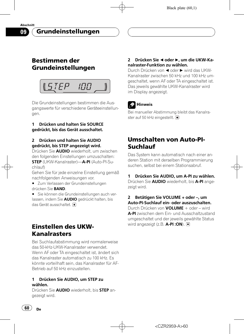 Bestimmen der grundeinstellungen, Einstellen des ukw- kanalrasters, Umschalten von auto-pi- suchlauf | Grundeinstellungen | Pioneer KEH-P2030R User Manual | Page 60 / 64