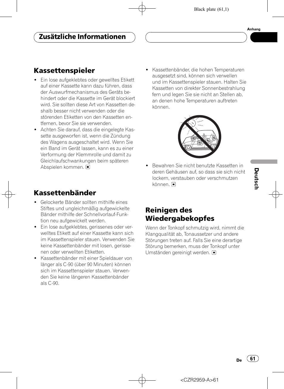 Kassettenspieler, Kassettenbänder, Reinigen des wiedergabekopfes | Zusätzliche informationen | Pioneer KEH-P2030R User Manual | Page 61 / 64