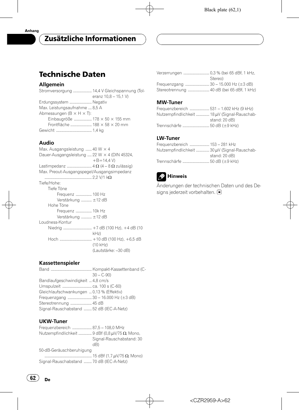 Technische daten 62, Technische daten, Zusätzliche informationen | Pioneer KEH-P2030R User Manual | Page 62 / 64