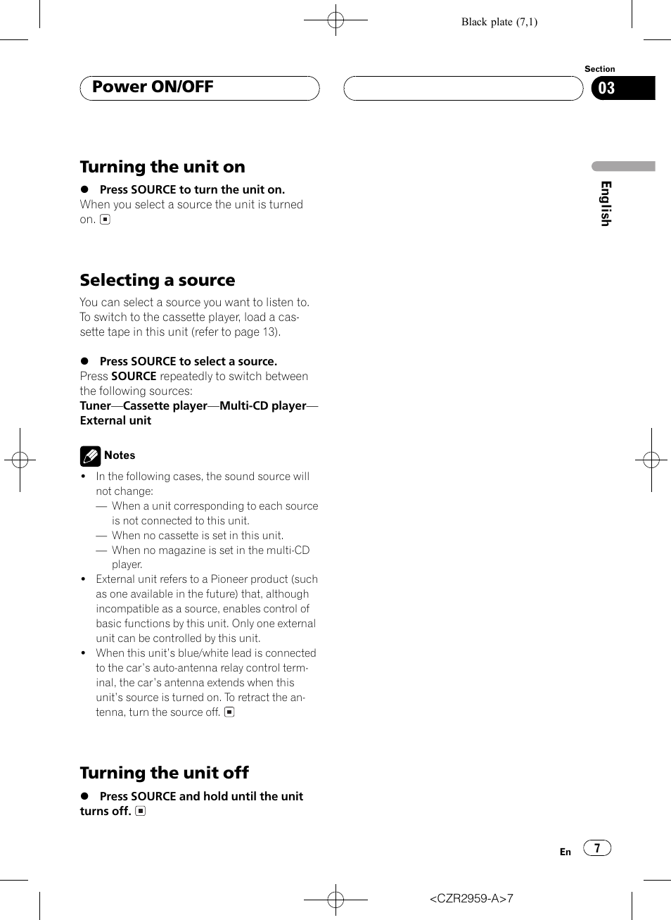 Turning the unit on, Selecting a source, Turning the unit off | Power on/off | Pioneer KEH-P2030R User Manual | Page 7 / 64