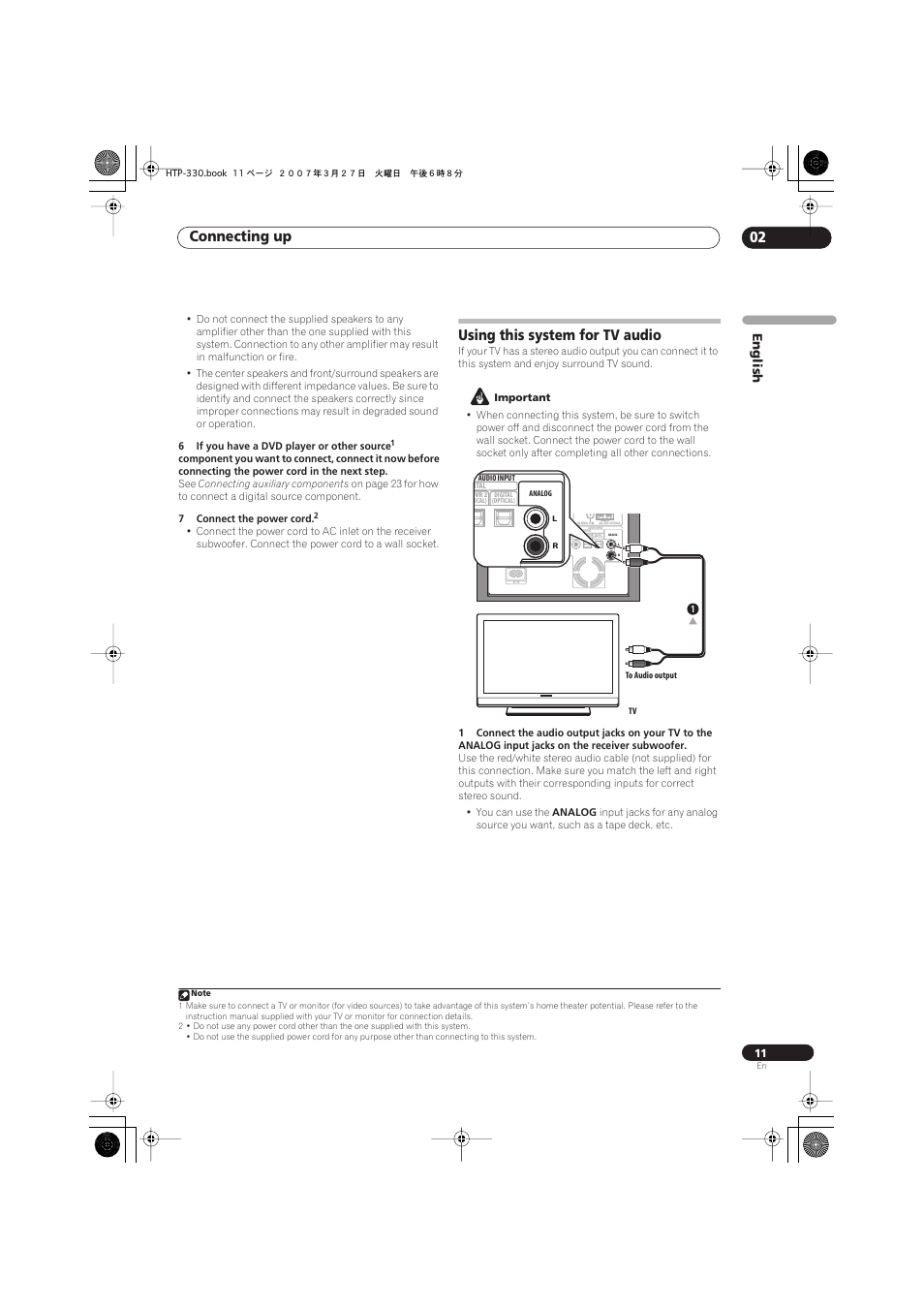 Using this system for tv audio, Connecting up 02, English | Pioneer S-ST330 User Manual | Page 11 / 62