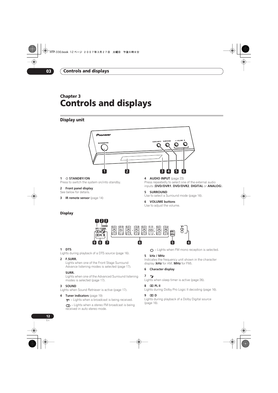 03 controls and displays, Display unit, Display | Controls and displays, Controls and displays 03, Chapter 3 | Pioneer S-ST330 User Manual | Page 12 / 62