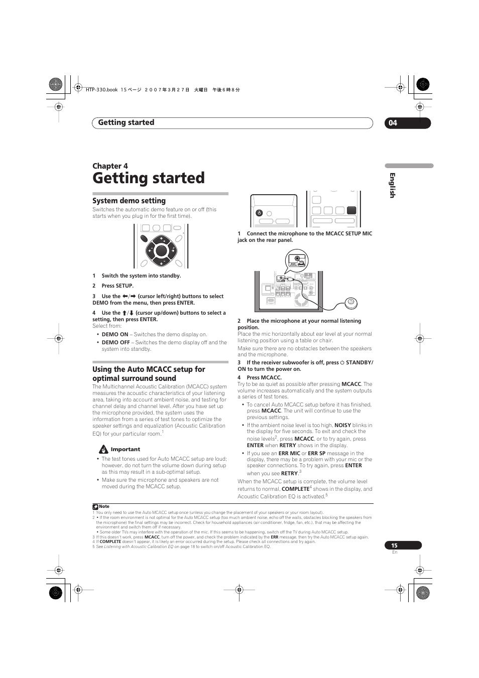 04 getting started, System demo setting, Getting started | Getting started 04, Chapter 4, Mcacc setup mic, Control in control, Out subwoofer center front surround, English | Pioneer S-ST330 User Manual | Page 15 / 62
