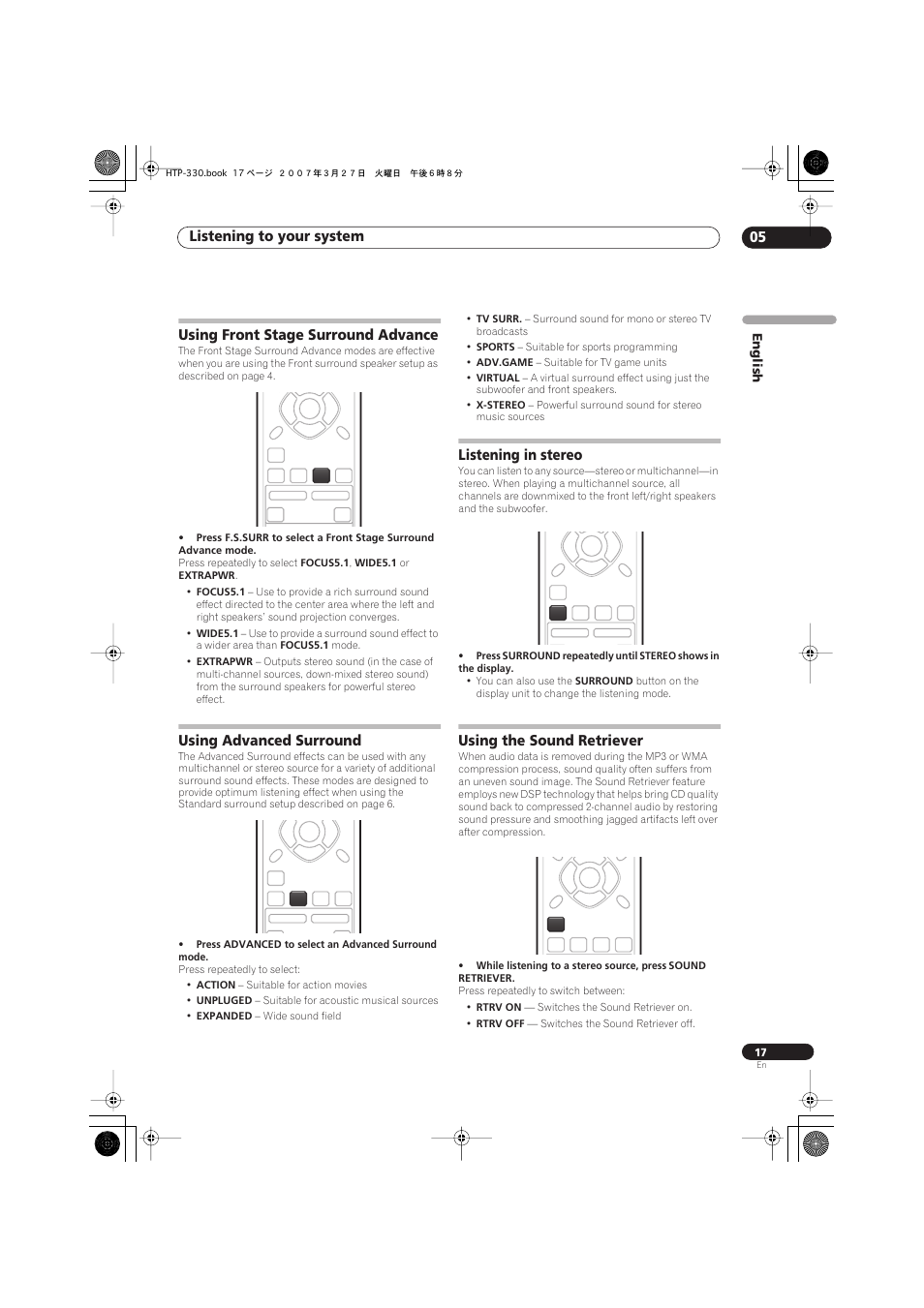 Using front stage surround advance, Using advanced surround, Listening in stereo | Using the sound retriever, Listening to your system 05, English | Pioneer S-ST330 User Manual | Page 17 / 62