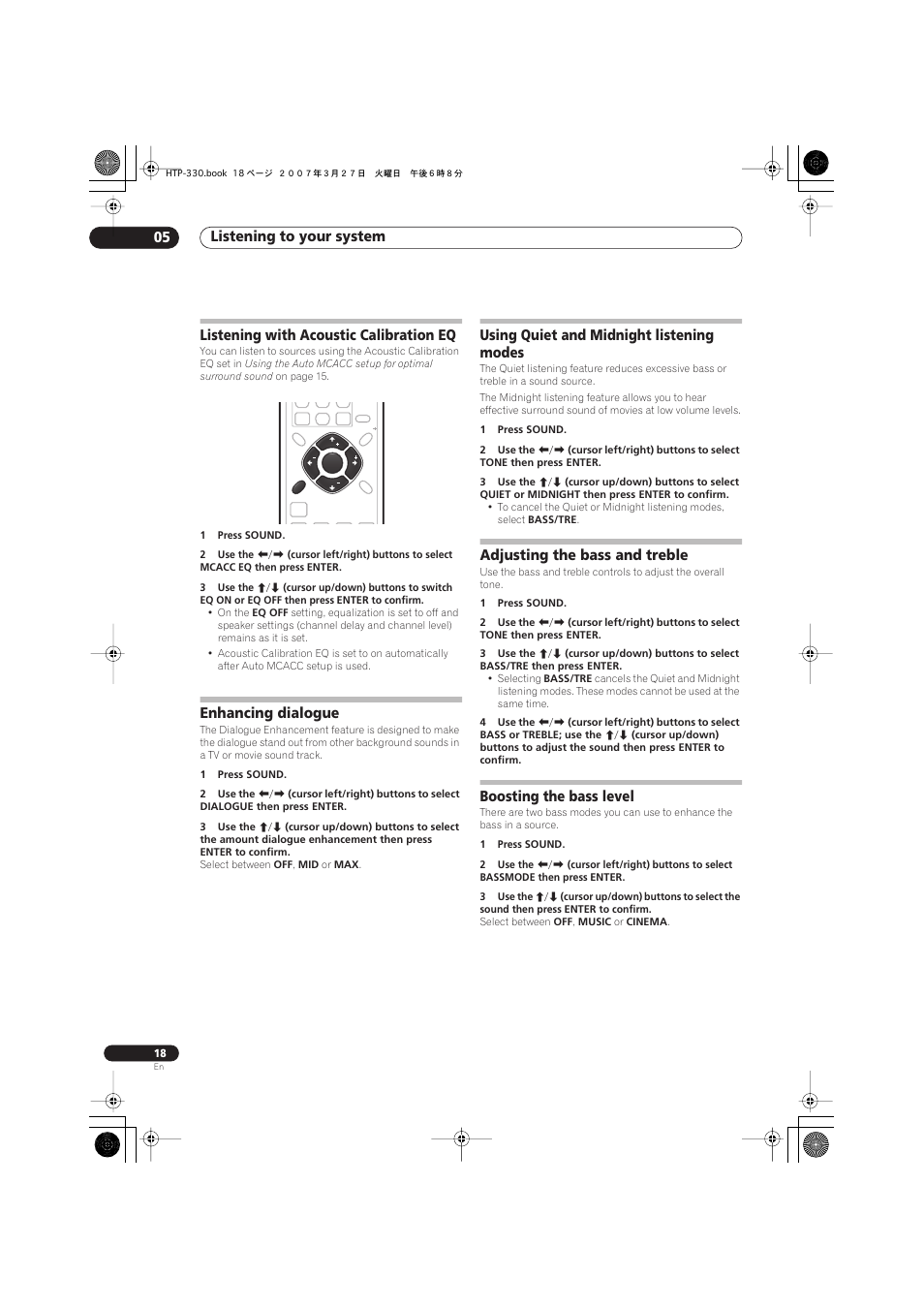 Listening with acoustic calibration eq, Enhancing dialogue, Using quiet and midnight listening modes | Adjusting the bass and treble, Boosting the bass level, Listening to your system 05 | Pioneer S-ST330 User Manual | Page 18 / 62