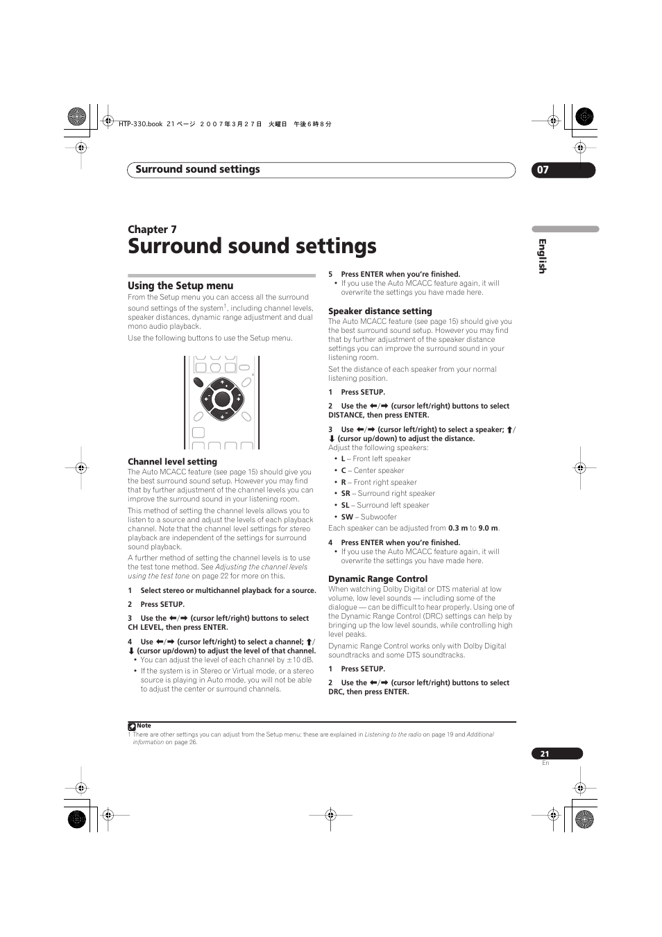 07 surround sound settings, Using the setup menu, Channel level setting | Speaker distance setting, Dynamic range control, Surround sound settings, Surround sound settings 07, Chapter 7 | Pioneer S-ST330 User Manual | Page 21 / 62