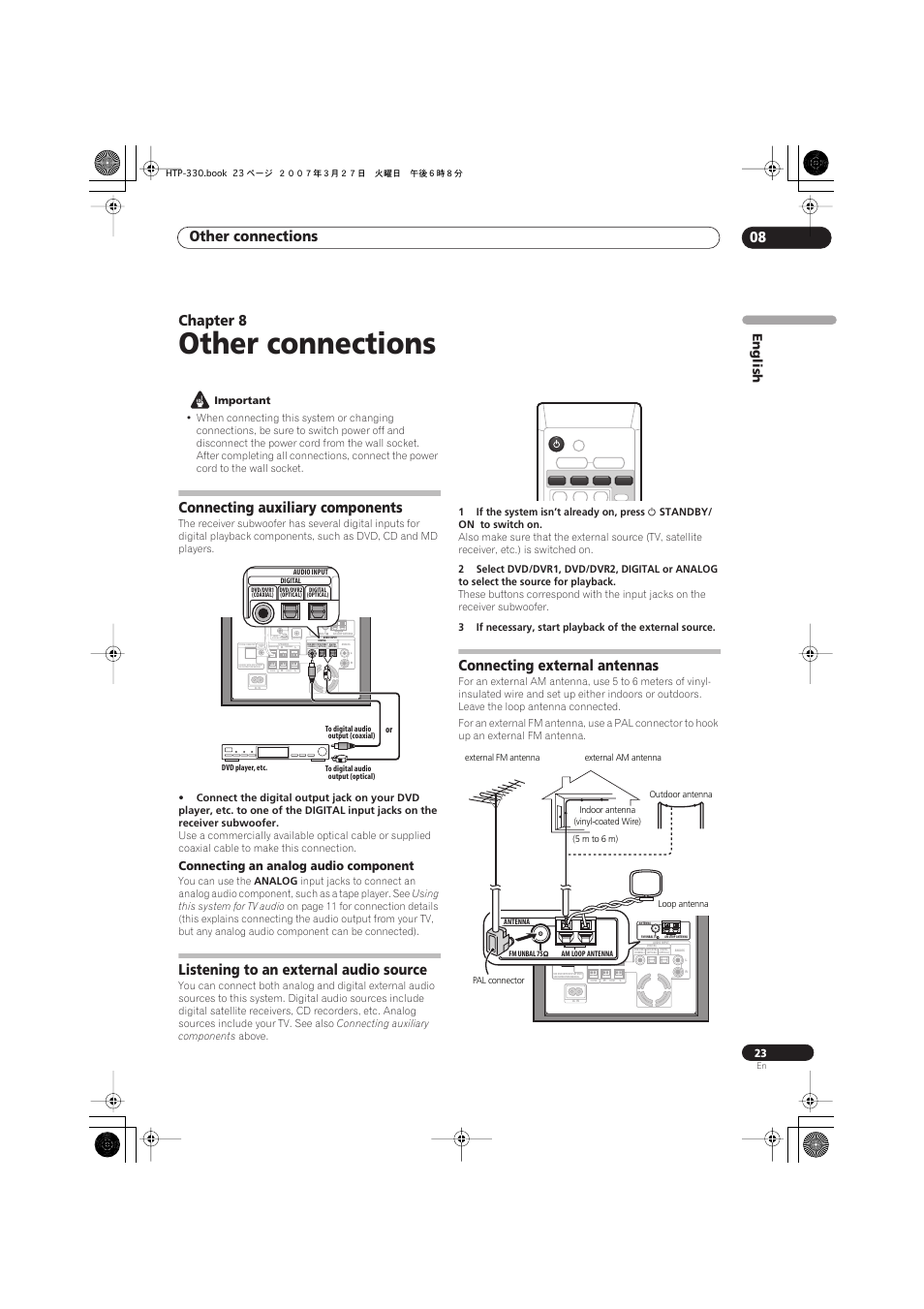 08 other connections, Connecting auxiliary components, Connecting an analog audio component | Listening to an external audio source, Connecting external antennas, Other connections, Other connections 08, Chapter 8, English, You can use the | Pioneer S-ST330 User Manual | Page 23 / 62