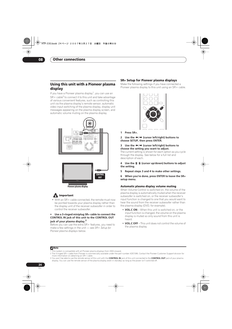 Using this unit with a pioneer plasma display, Sr+ setup for pioneer plasma displays, Other connections 08 | Pioneer S-ST330 User Manual | Page 24 / 62