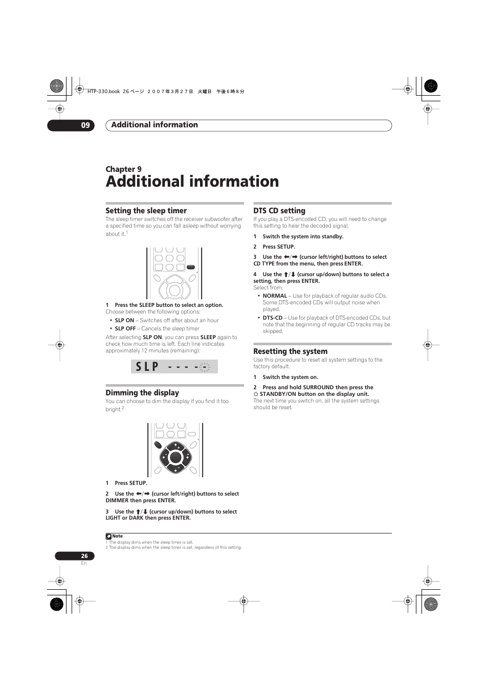 09 additional information, Setting the sleep timer, Dimming the display | Dts cd setting, Resetting the system, Additional information, S l p, Additional information 09, Chapter 9 | Pioneer S-ST330 User Manual | Page 26 / 62