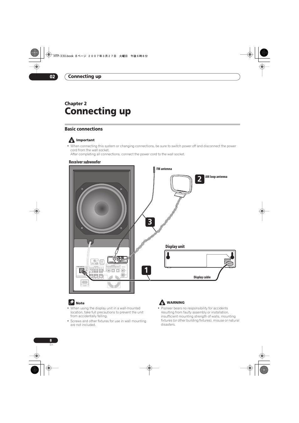 02 connecting up, Basic connections, Connecting up | Connecting up 02, Chapter 2, Display unit receiver subwoofer | Pioneer S-ST330 User Manual | Page 8 / 62