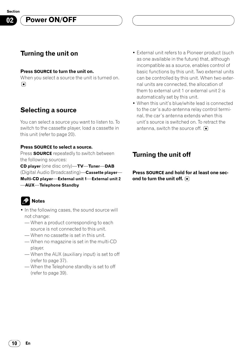 Power on/off, Turning the unit on, Selecting a source | Turning the unit off | Pioneer KEH-P7020R User Manual | Page 10 / 96