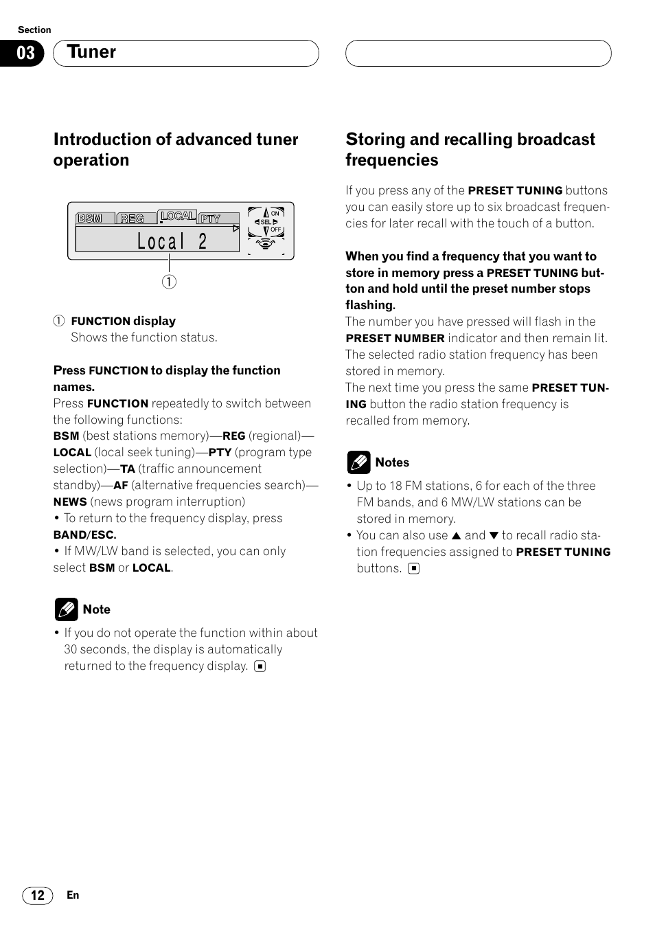 Introduction of advanced tuner, Operation 12, Storing and recalling broadcast | Frequencies 12, Tuner, Introduction of advanced tuner operation, Storing and recalling broadcast frequencies | Pioneer KEH-P7020R User Manual | Page 12 / 96