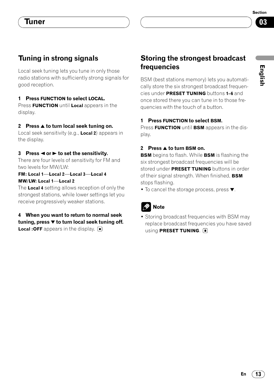 Frequencies 13, Tuner, Tuning in strong signals | Storing the strongest broadcast frequencies | Pioneer KEH-P7020R User Manual | Page 13 / 96