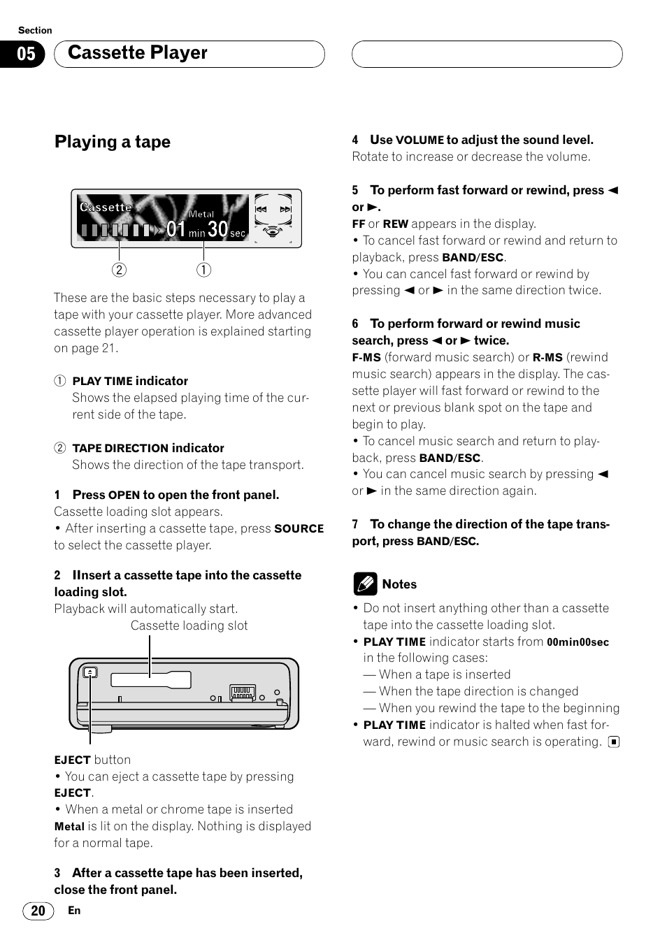 Cassette player playing a tape 20, Cassette player, Playing a tape | Pioneer KEH-P7020R User Manual | Page 20 / 96